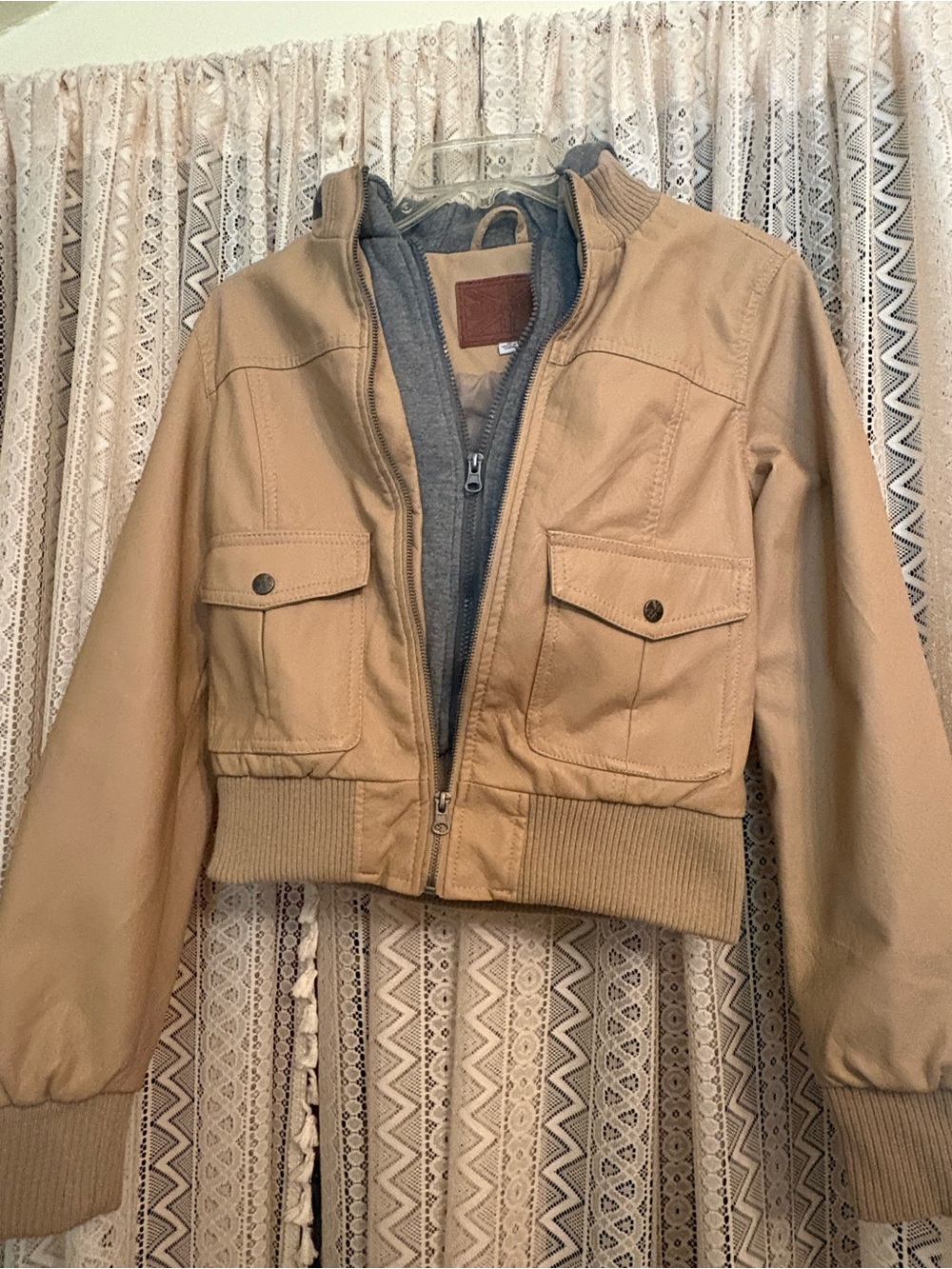 Miss London Tan Bomber Jacket with Gray Liner
